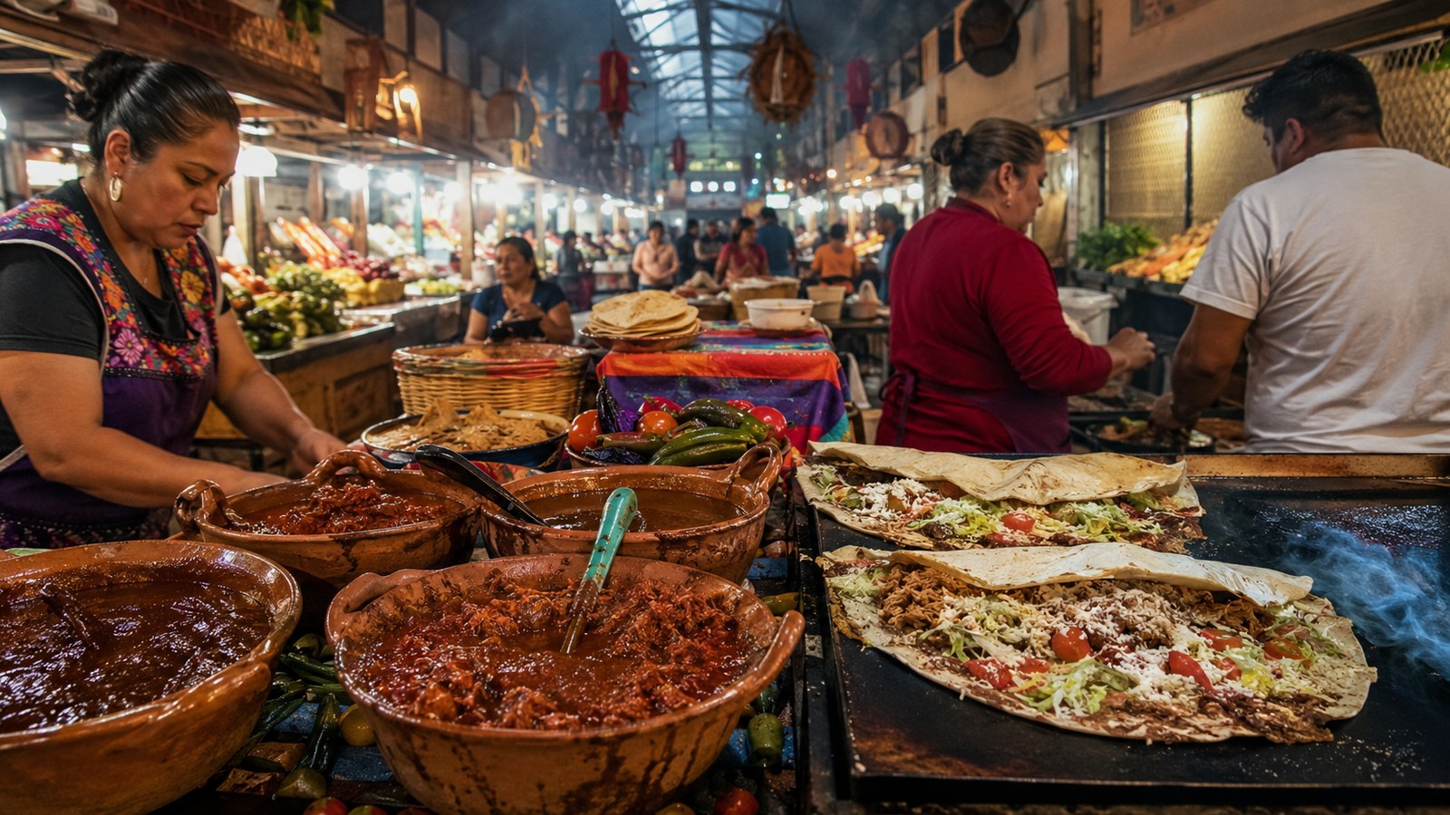 Oaxaca food and market scene with local dishes