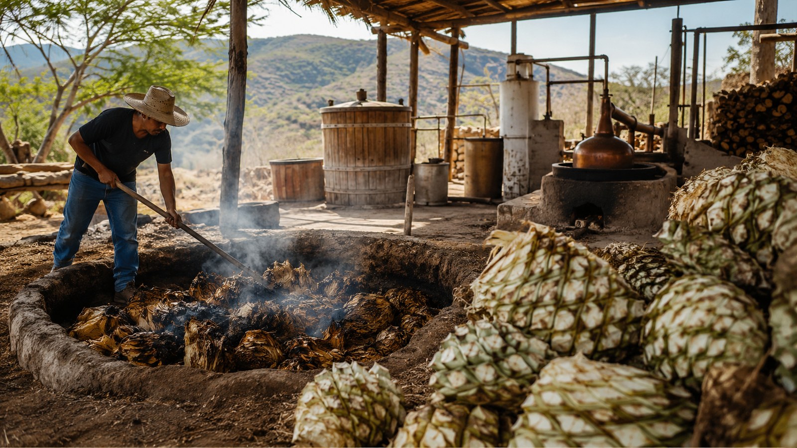 Mezcal palenque and agave distillation near Oaxaca