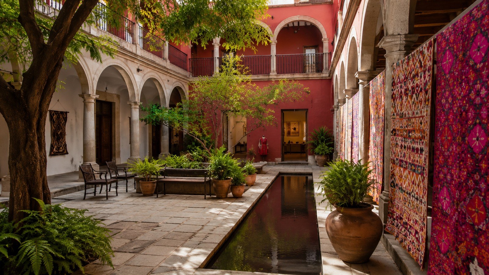 Museo Textil de Oaxaca courtyard with colorful textiles