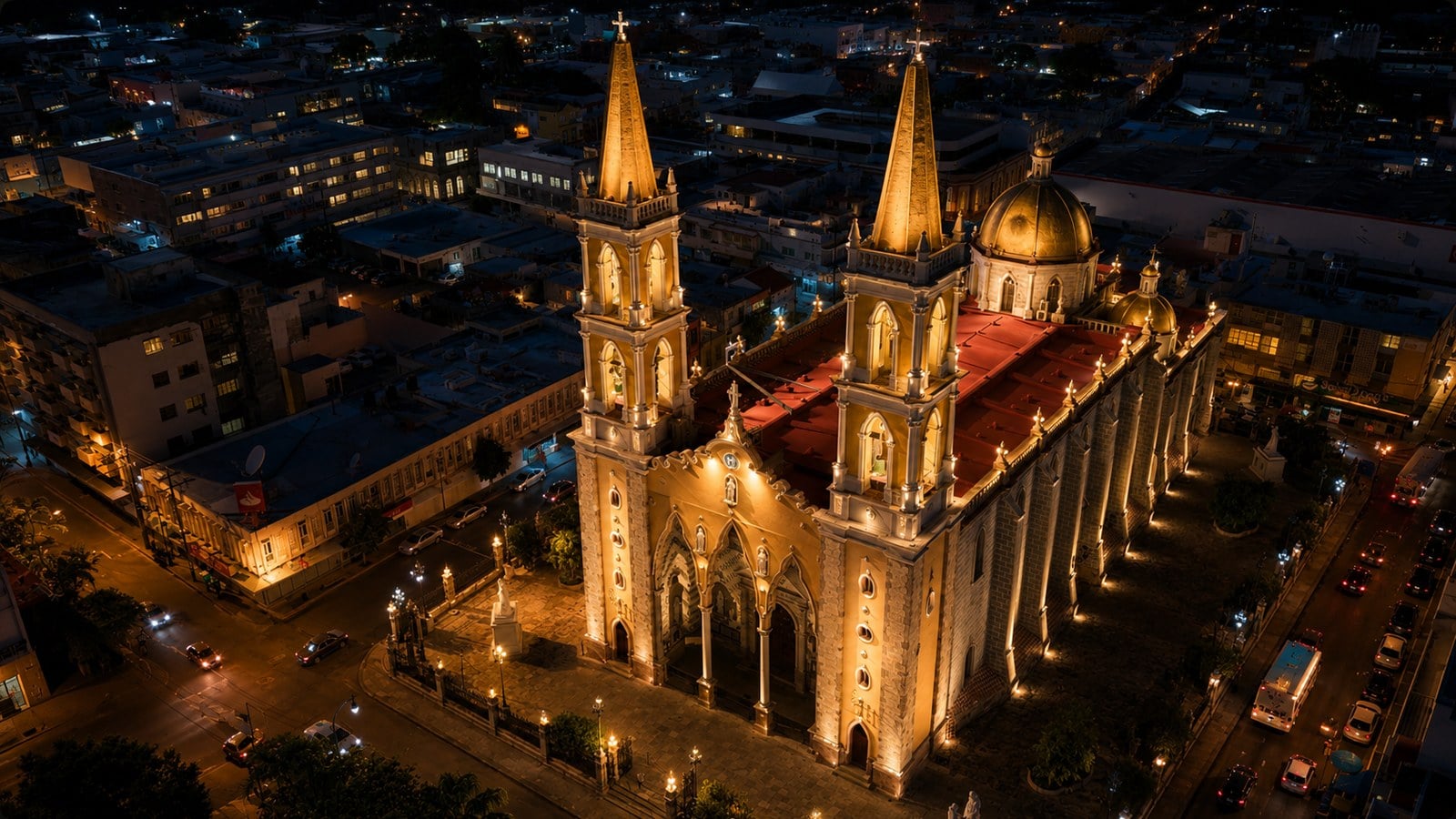 Mazatlan Centro Historico cathedral lit at night from above