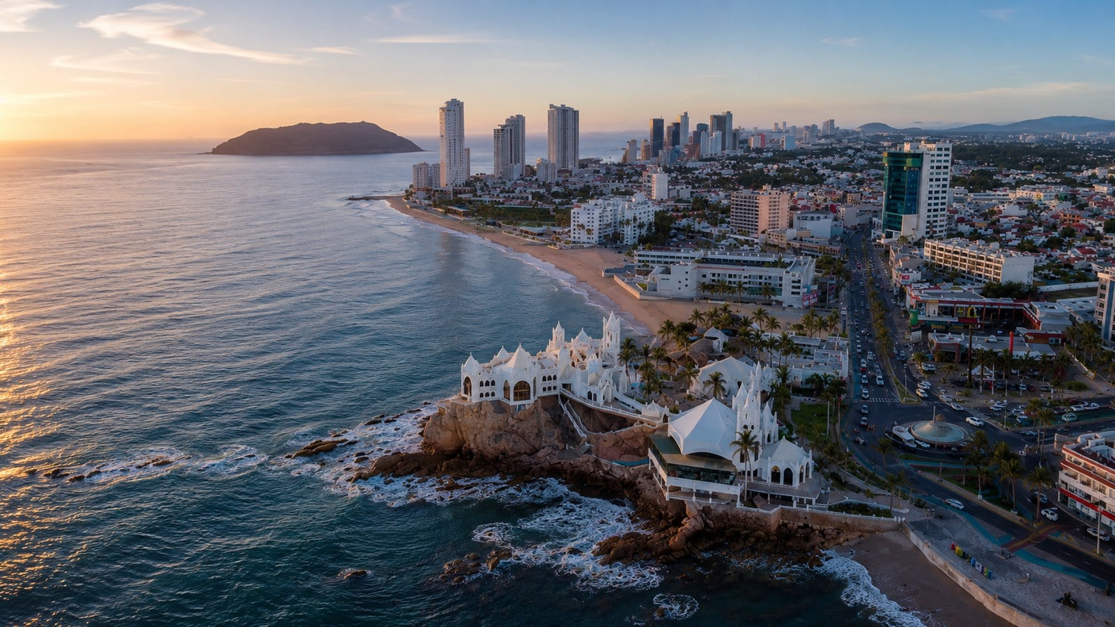 Mazatlan Golden Zone beachfront hotels and coastline from above