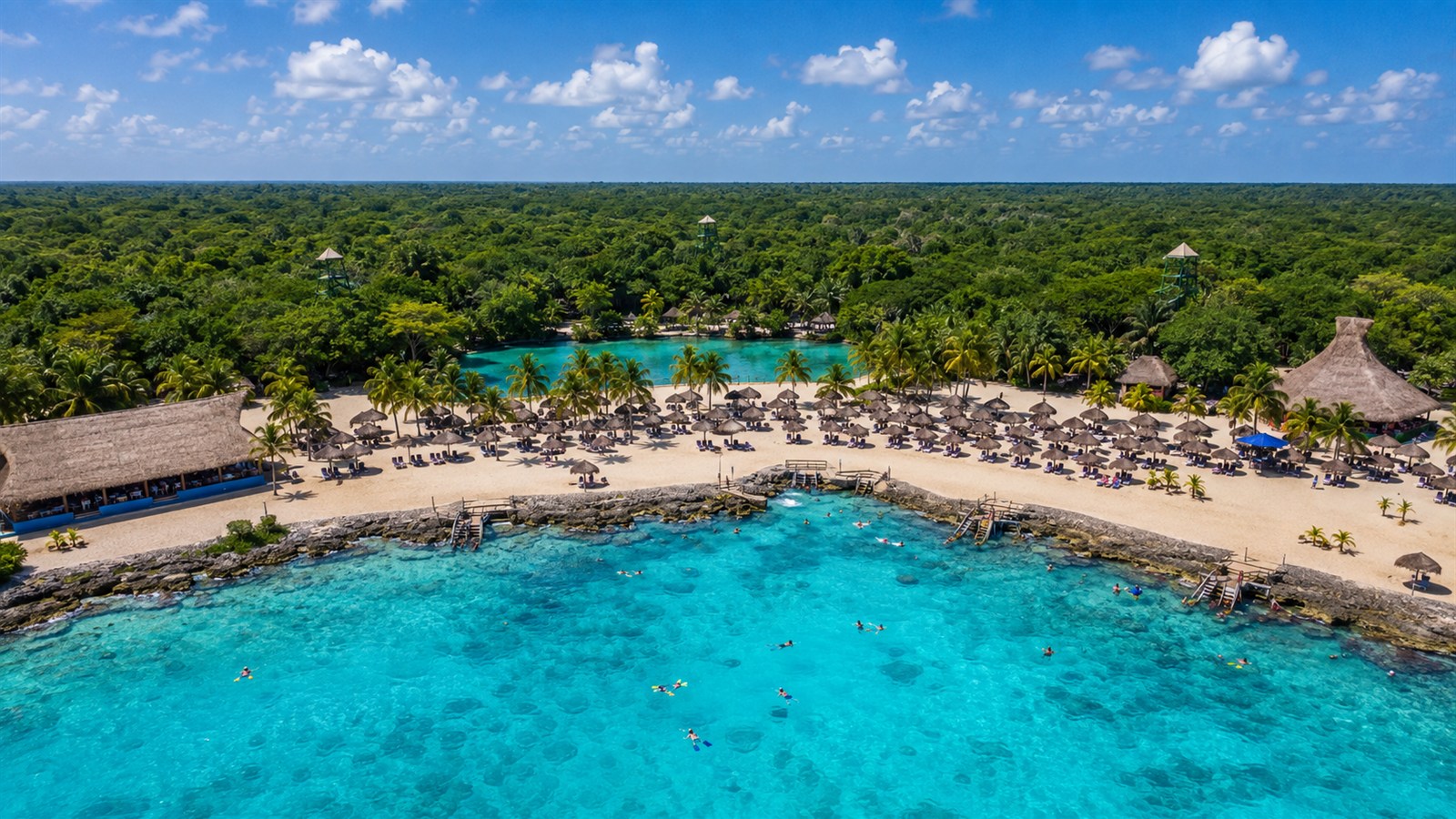 Aerial view of the beach and clear snorkeling water at Chankanaab Park, Cozumel