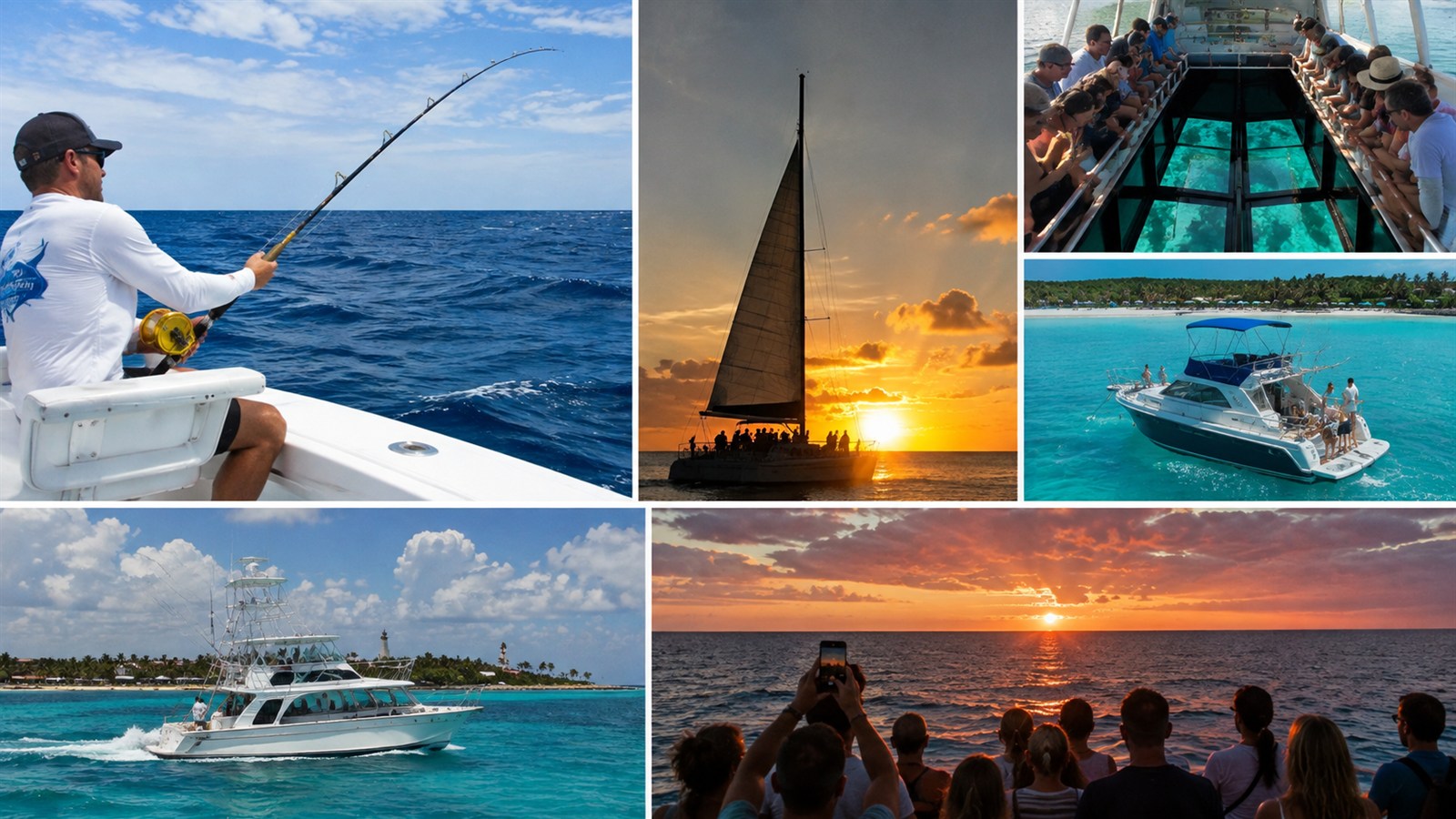 Collage of fishing, sunset sailing, glass-bottom, and specialty boat tours in Cozumel